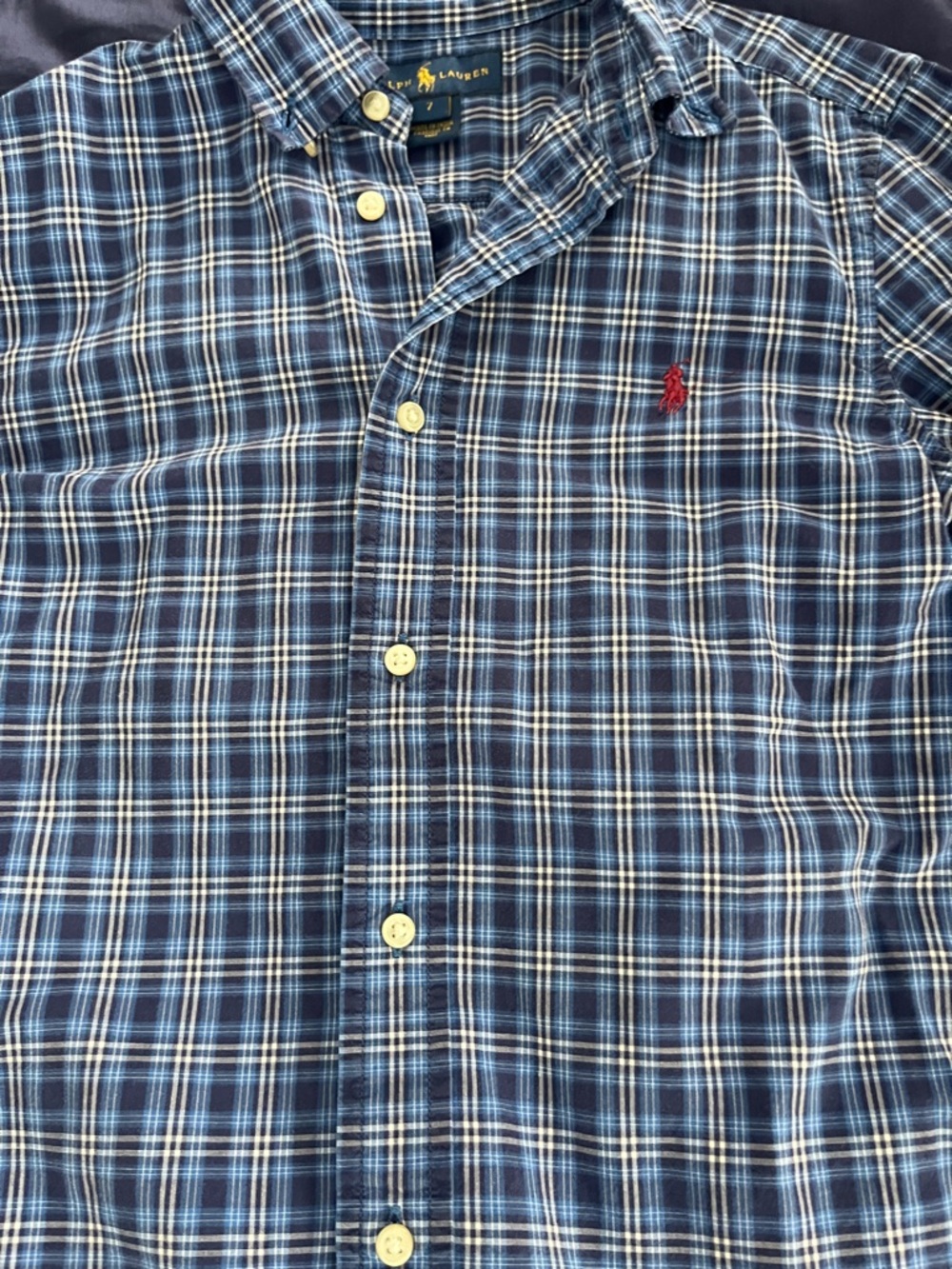 Ralph Lauren Boys Navy Blue Plaid Button-Down Shirt with Red Pony - Picture 2 of 2